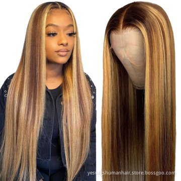 Hot Selling Highlight Lace Closure Wig P4/27 Honey Blonde Brown Pre Plucked Brazilian Remy Lace Frontal Human virgin Hair Wigs